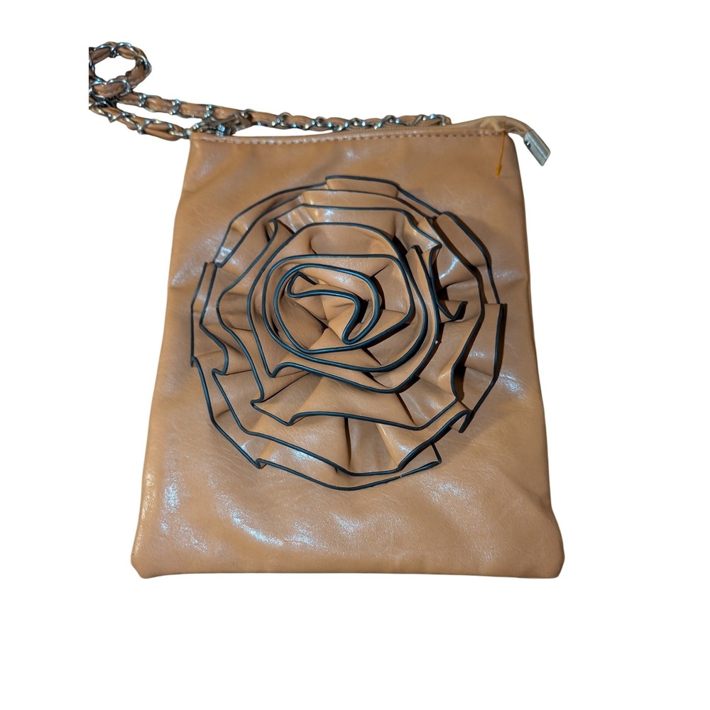 Tan Faux Leather 3D Rosette Floral Crossbody Bag Silver Chain Strap Romantic